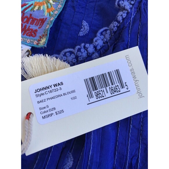 NWT Johnny Was Sz S Silky Cobalt Blue Tunic Top Embroidered Eyelet Lace Summer - Picture 11 of 12